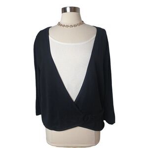 Women's Sweater Lg Black White Dressy Pullover O-Ring Belted Front NWOT